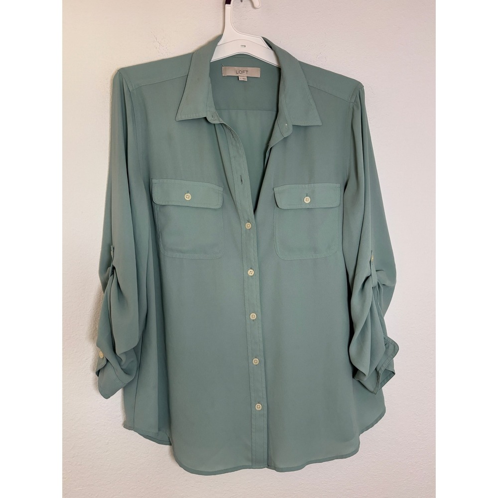 LOFT Ann Taylor Sage Green Roll Tab Sleeve Utility Blouse Large Button Down Top